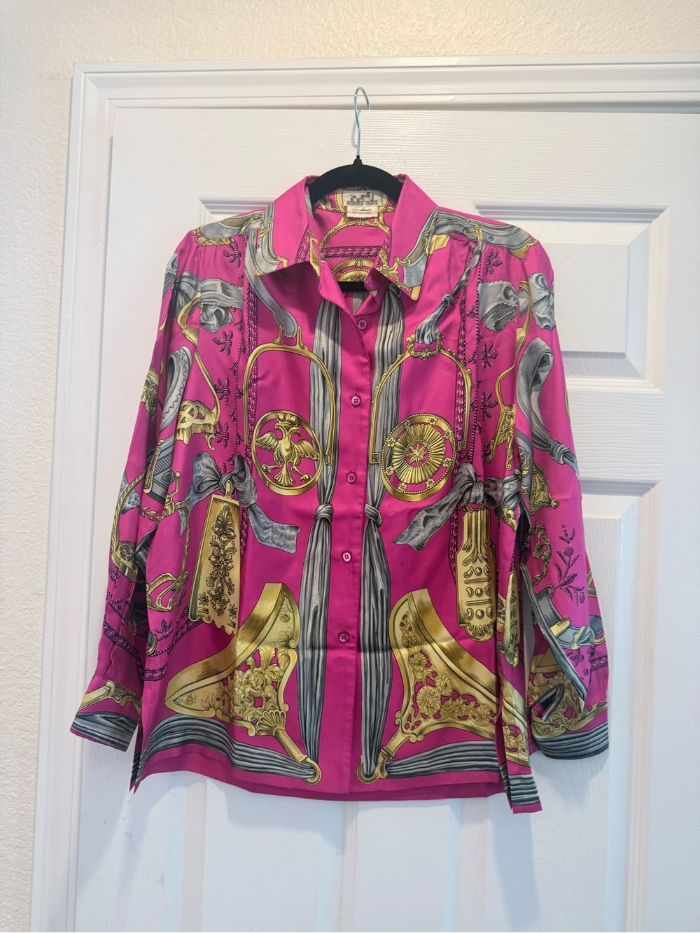 Hermes Pink Silk Button-Up Blouse with Gold and Gray Print